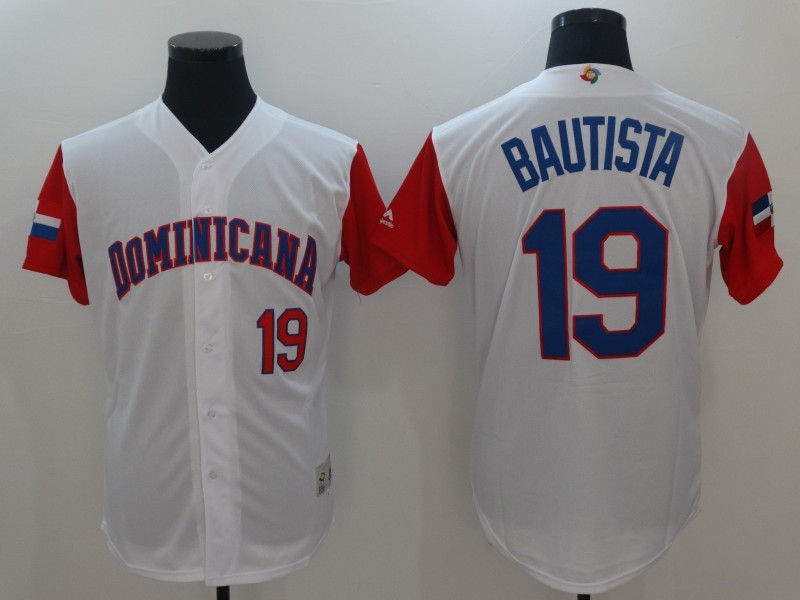 Men Dominican Republic Baseball #19 Jose Bautista Majestic White 2017 World Baseball Classic Replica Jersey